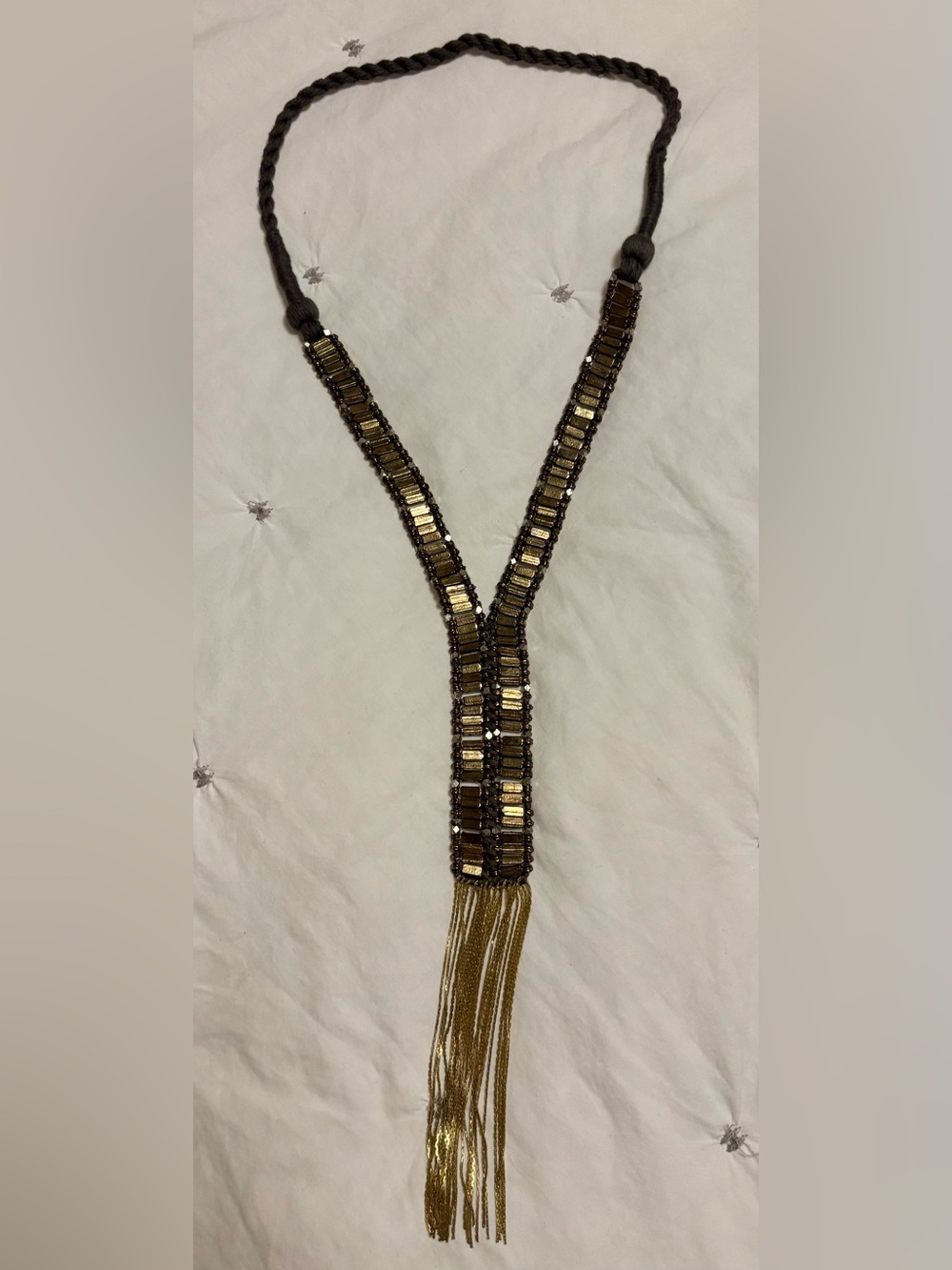 Noonday Collection Gold and Brown Beaded Y-Necklace with Fringe